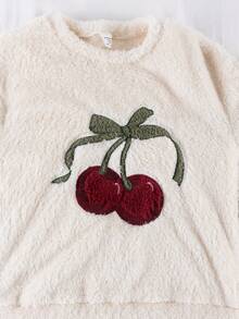 女童柔软抓绒双面蝴蝶樱桃刺绣睡衣套装，舒适保暖长袖上衣和裤子，秋冬家居服 - 杏色 - 查看 5