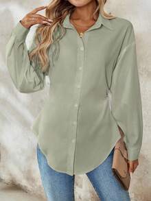 Chiquease 女士优雅度假纯色落肩长袖收腰休闲衬衫 - 綠色 - 查看 4