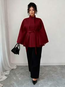 SHEIN Elenzya 优雅大码女士针织羊毛大衣，适合秋冬季穿着 - 紅色 - 查看 6