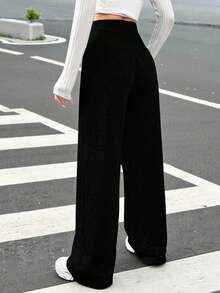 SHEIN EZwear 女士针织高腰黑色运动裤，带字母贴片设计 - 黑色 - 查看 2