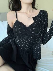 DAZY 女士圆领两件套，印花吊带背心和休闲长袖开衫，秋冬款 - 黑色 - 查看 2