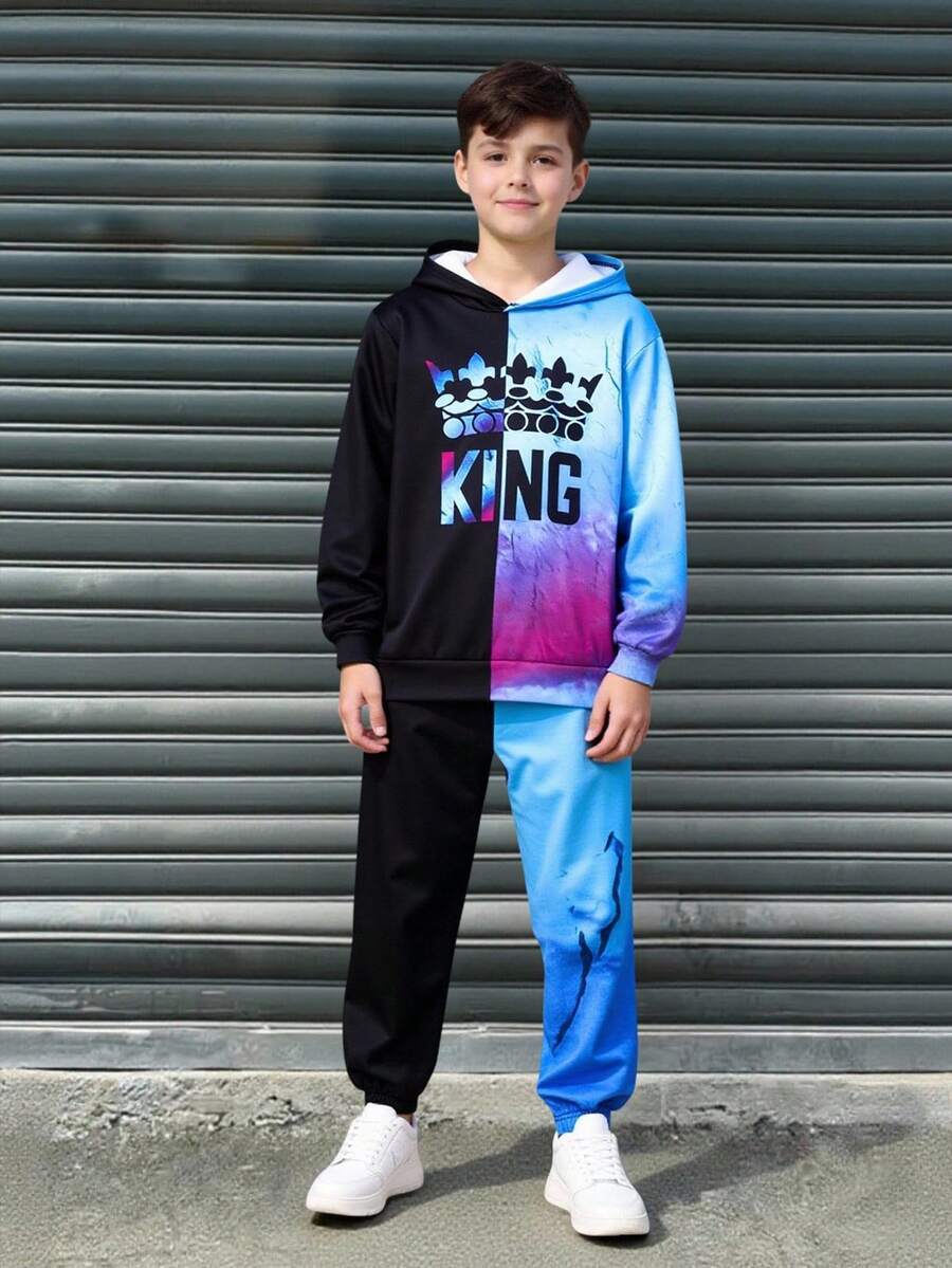 SHEIN 2 件青少年男孩休闲街头时尚扎染涂鸦图案圆领运动衫上衣和裤子套装，适合通勤、上学、日常休闲、运动、街头风格、秋冬