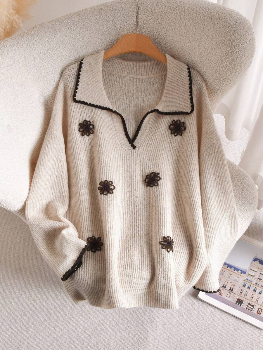 CosyJoli Suéter holgado de cuello en V con bloqueo de color y ribete, talla grande - Beis - Ver 1