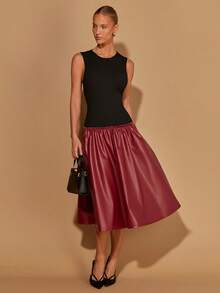 COSMINA Women's Elegant Burgundy Autumn Patchwork Dress,Black Knit & PU Leather Splice Sleeveless Dress For Night Out,Party,Christmas,New Year,Valentine's Day - Multicolor - View 1
