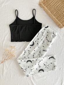 SHEIN 2件套女童简约时尚星月印花吊带短裤+长裤睡衣套装 - 黑色 - 查看 2