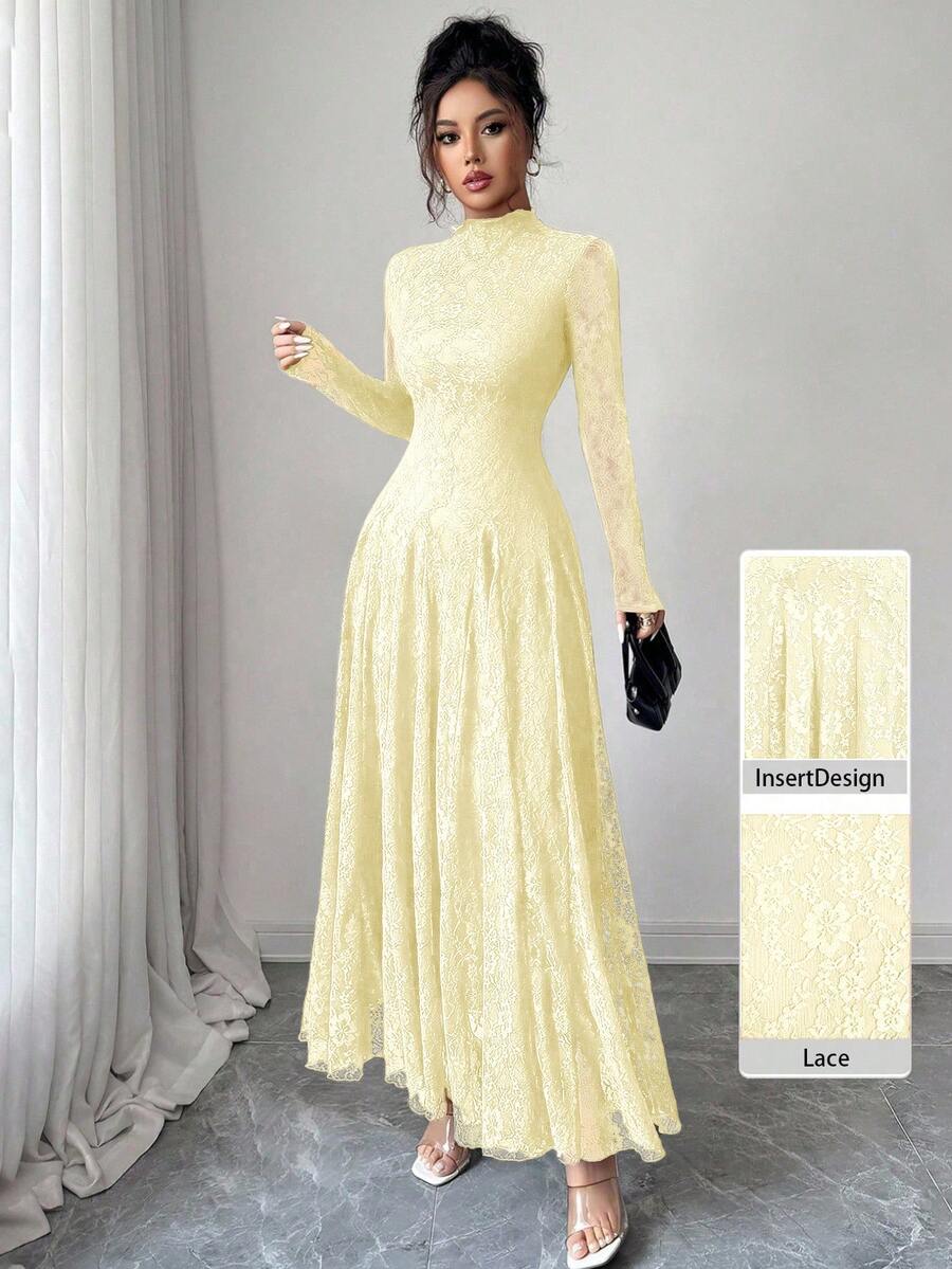 Modelyn Váy ren thắt eo cổ cao màu đỏ rượu vang dành cho nữ - Vàng nhạt - Xem 1