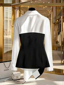 Elenzga Blouse ornée à ourlet asymétrique grande taille, blouse élégante et élégante à la mode pour femmes, blouse noire et blanche pour femmes, dîner pour femmes, soirée casino pour femmes - Noir et Blanc - Voir 2
