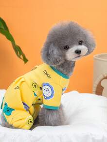 PETSIN Macacão Macio e Amigável para Uso com Guia para Animais de Estimação com Estampa de Urso e Cogumelo, Gola com Babado, Simples e Casual para Uso Doméstico no Verão/Primavera, na Cor Amarela