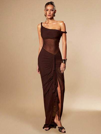 Silquee This Brown Stretch Mesh Dress Features An Asymmetrical Neckline, Sheer Waist, And A Ruffled Hem With A Slit, Creating A Sexy And Elegant Look Perfect For Spring/Summer, Valentine's Day, Christmas, Dates/Outings/Nightclub Parties/Gatherings, Elegant Parties/Casual Dates, Bridesmaid Dresses, Wedding Season, Cocktail Parties, And Other Occasions.