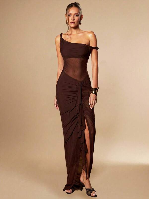 Silquee This Brown Stretch Mesh Dress Features An Asymmetrical Neckline, Sheer Waist, And A Ruffled Hem With A Slit, Creating A Sexy And Elegant Look Perfect For Spring/Summer, Valentine's Day, Christmas, Dates/Outings/Nightclub Parties/Gatherings, Elegant Parties/Casual Dates, Bridesmaid Dresses, Wedding Season, Cocktail Parties, And Other Occasions.