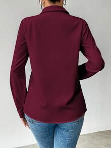 Elenzga Women's Solid Color Long Sleeve Single-Breasted Casual/Work Shirt - Rose Red - View 2