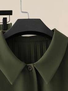 GlowEve 女士新款秋冬优雅休闲舒适长袖衬衫，后背褶裥纽扣前襟设计，搭配松紧腰直筒裤，适合工作场合，绿色/深绿色两件套 - 墨綠色 - 查看 4