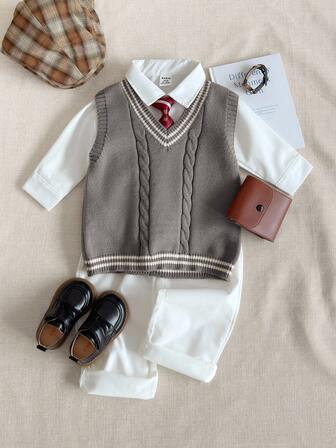 PrepCrw Chaleco de punto con cuello en V con estampado floral retorcido, estilo universitario para niños pequeños