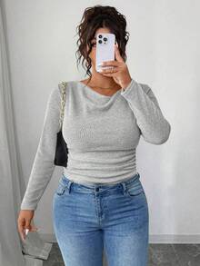 Elenzga Atasan Wanita Ukuran Plus Model Vintage dengan Leher Berlipat Asimetris dan Trim Ruffle Bertekstur, Lengan Panjang Pas Badan, Pakaian Musim Gugur untuk Wanita - Grey - View 7