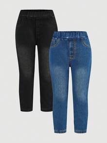 SHEIN 2pcs/Set Young Girls' Navy Blue & Light Blue Denim Thermal Lined Elastic Skinny Pants, Autumn/Winter - Multicolor - View 10