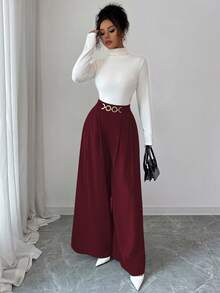 Selianne New Women High Waist Side Zipper Decor Button Design Flared Leg Casual Elegant Trousers, Suitable For Spring And Autumn