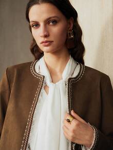 Revavyn Áo khoác cardigan nữ cổ tròn vải trơn thêu họa tiết, thích hợp cho việc đi lại hàng ngày - Màu Khaki - Xem 6