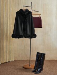 Anewsta Elegant Chic Detachable Hooded Cape Coat, Suitable For Fall, Winter, Going Out, Christmas - Black - View 7