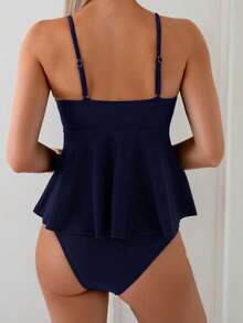 Swim Chiccia 女士两件套优雅度假贝壳金属串珠吊带泳衣套装，沙滩装 - 藏蓝色 - 查看 2