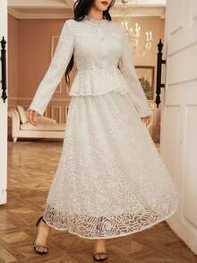 DAZY 女士优雅长袖上衣和裙子两件套 - 白色 - 查看 5