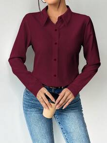 Elenzga Women's Solid Color Long Sleeve Single-Breasted Casual/Work Shirt - Rose Red - View 3
