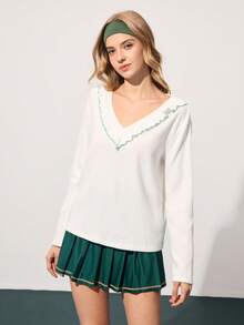 SHEIN Sports Women's Autumn/Winter Thermal Lined Contrast Color Ruffle V-Neck Loose Long Sleeve Casual Sports Tennis Shirt,Running White Tops For Daily Wear - White - View 5