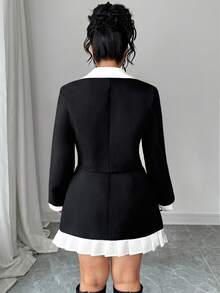 Elenzga Plus Size Women Elegant Contrast Color Long Sleeve Single-Breasted Jacket And Midi Skirt Set - Black and White - View 2