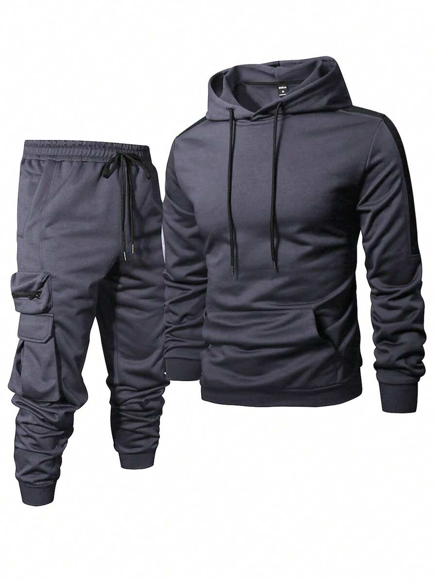 Manfinity Homme 男士撞色长袖连帽卫衣(带口袋和抽绳)和休闲工装裤两件套 - 深灰色 - 查看 1