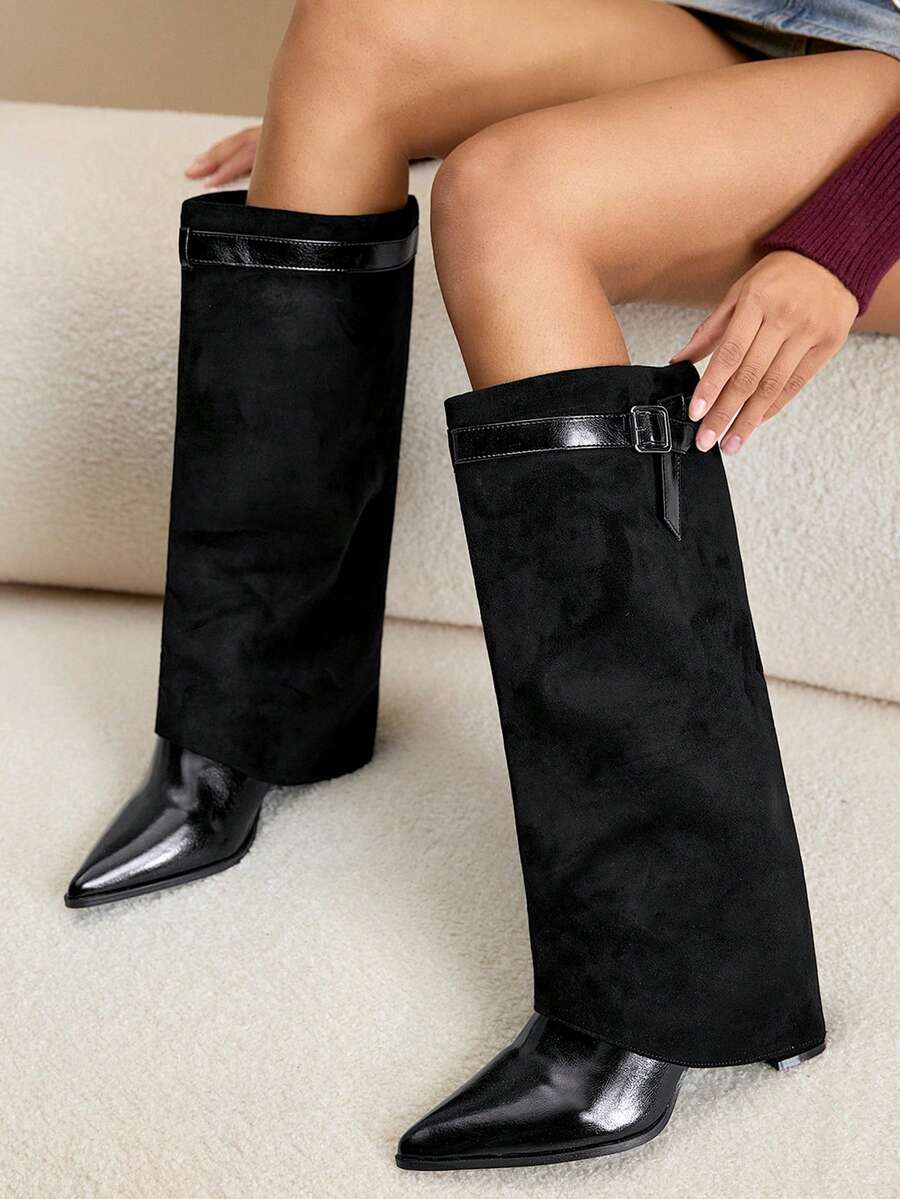 Daringsoles Giày bốt cao đến đầu gối đế thô thời trang đa năng cho nữ - màu đen - Xem 1
