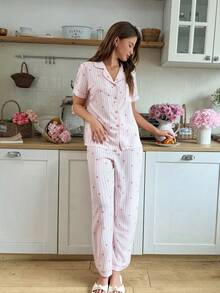 Snug Reverie طقم بيجامة قصير الأكمام بياقة مخططة على شكل قلب وردي - وردي فاتح - مشاهدة 6