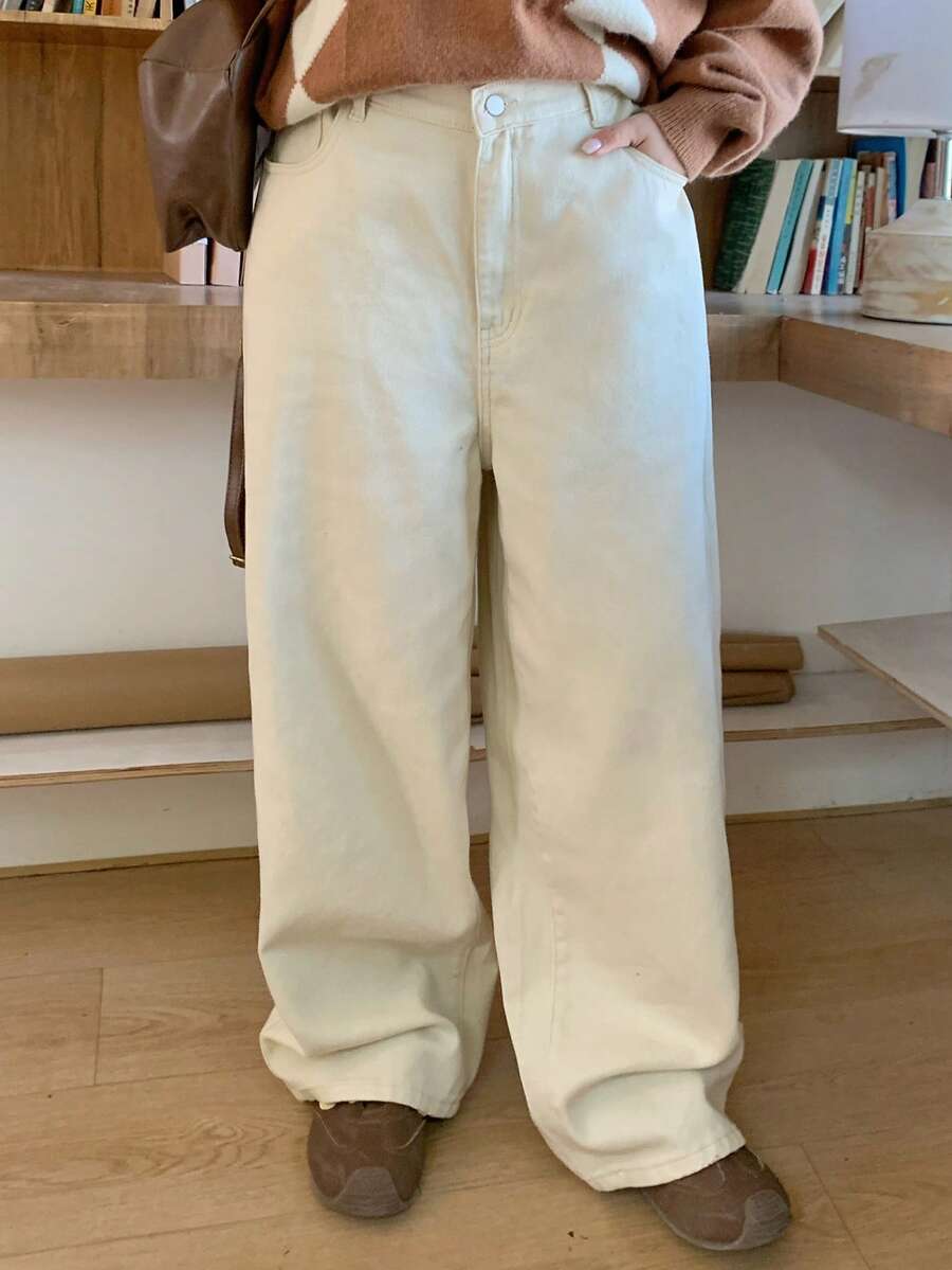Dazy Plus Fashionable Casual Versatile Light-Colored Washed Plain Loose Straight-Leg Long Jeans, All Season - Beige - View 1