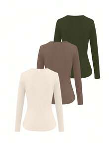 EMERY ROSE Áo thun nữ cổ tròn tay dài màu trơn ôm vừa vặn thoải mái - Nhiều màu - Xem 2