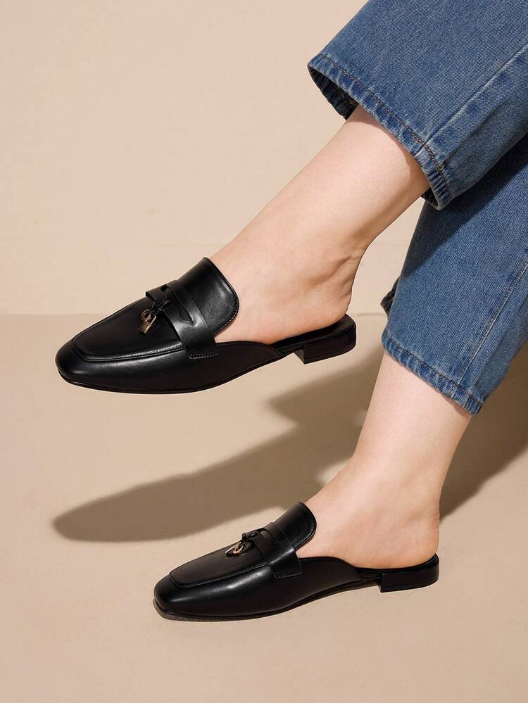 CUCCOO CURVES Women's Wide Fit Square Toe Flat Low Heel Slip-On Mules, Comfortable Versatile Black Casual Flats, Plus Size For Christmas