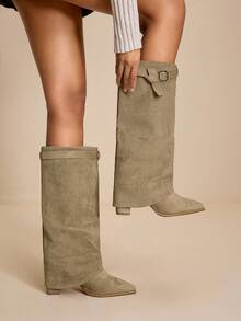 Daringsoles Women's Fashion Pointed Toe Chunky High Heel Knee-High Boots For Christmas - Apricot - View 4