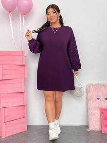 SHEIN EZwear 女士加大码落肩宽松黑色连衣裙 - 紫色 - 查看 5