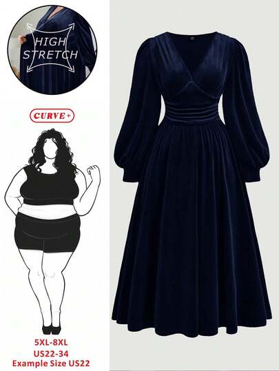 SHEIN CURVE+ 大码丝绒收腰灯笼袖中长连衣裙