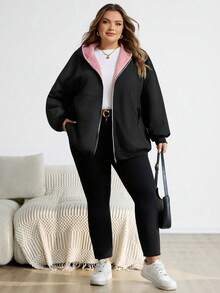 SHEIN CURVE+ Women's Plus Size Black Contrast Color Hooded Fuzzy Lined Jacket, Autumn/Winter Coat Winter Clothes For Women - Black - View 8