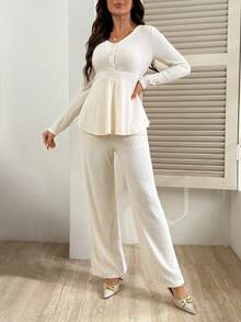 SHEIN 2pcs Maternity Nursing Set, Fashionable Casual Knit Textured Ruched - Apricot - View 5