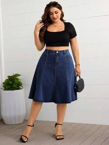 EMERY ROSE Plus Size Casual Denim A-Line Skirt Summer - Dark Wash - View 6