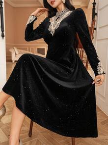 DAZY فستان طويل أنيق من الفلفت والترتر للنساء، ذو تأثير نحيف على الطراز الفرنسي الراقي، فستان حفلة خريف/شتاء - الأسود - مشاهدة 8