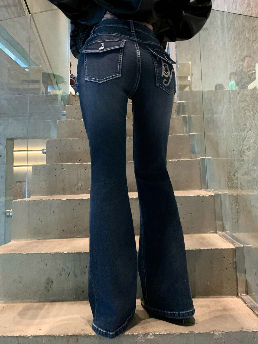 DAZY Quần Jeans Nữ Ống Loe Thêu Phong Cách Hàn Quốc, Thường Ngày, Đã Giặt, Retro - Màu xanh lam - Xem 1