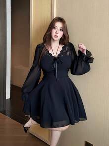 Vibekara Spring, Summer, Fall, Elegant, Vacation French Retro Chiffon & Lace Bow Tie Decor Soft Waist Slimming Halter Ruffle Hem Long Sleeve Dress Women Short Skirt Flared - Black - View 5