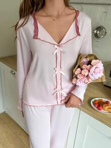 Snug Reverie Pink Bow Decor Lace Trim Women Pajama Set, Winter Clothes Ruffle Pajama Set Light Pink Pajama Set Sleep Wear Women 2 Piece Set Two Piece Sleepwear Set Lounge Wear Set - Pink - View 3