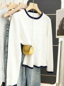 Resyla Women's Casual Loose Fit Crew Neck Sweater With Contrast Trim, Autumn/Winter