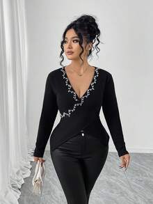 Selianne 大码女式纯色长袖T恤，饰有串珠，秋季百搭T恤 - 黑色 - 查看 6