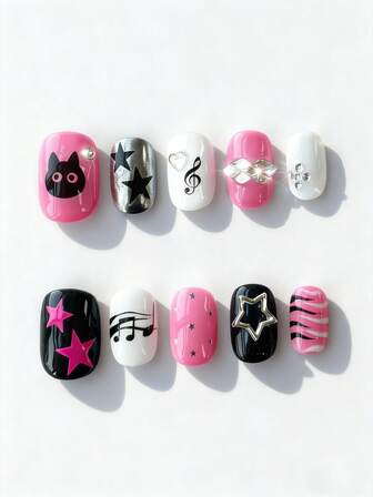 Anime 10pcs Cute Bowknot Music Note Star Element High Quality Handmade False Nails + 3pcs Double-Sided Adhesive, Y2K French Style Rhinestone Chain Polka Dot Removable Nail Art Stickers, Suitable For Holidays, Parties, Dancing And Daily Wear