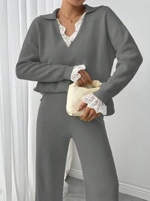 Modelyn 女士秋冬柔软撞色蕾丝落肩长袖毛衣和阔腿针织裤宽松套装 - 灰色 - 查看 6