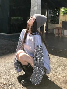 DAZY 女士亮片装饰圆领卫衣，韩版风格，春秋季嘉年华 - 灰色 - 查看 1