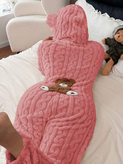 Dream Adore Plus Size Women Teddy Bear Embroidery Jacquard Cozy Hooded Jumpsuit Pajamas