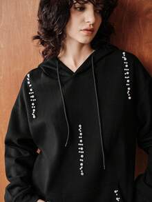 Uhlyne Uhlyne Women's Autumn Long Sleeve Hooded Black Knit Sweatshirt With Faux Pearl Decor, Elegant Versatile For Commuting, Back To School, Retro Casual Autumn - Black - View 5